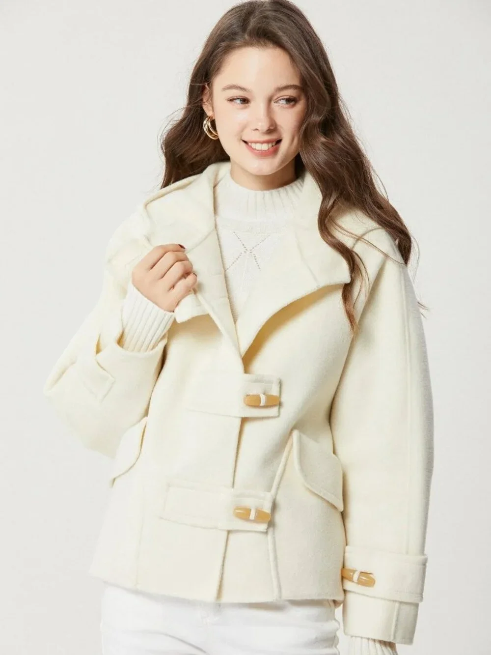 Fangyan Elegant White Cream Toggle Wool Coat with Hood Size XS